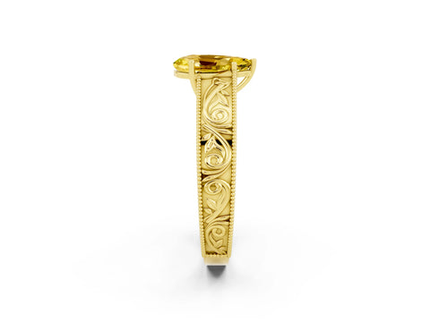 Yellow gold Pear Cut Yellow Sapphire Solitaire Ring with Engraved Band and Four-Prong Setting_2