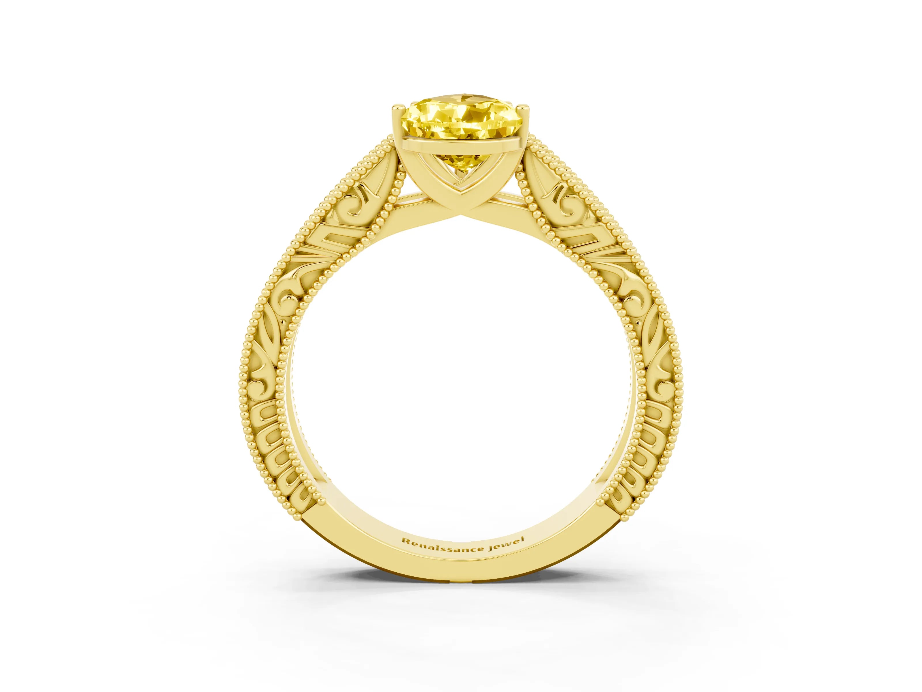 Yellow gold Pear Cut Yellow Sapphire Solitaire Ring with Engraved Band and Four-Prong Setting_3