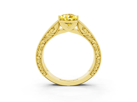 Yellow gold Pear Cut Yellow Sapphire Solitaire Ring with Engraved Band and Four-Prong Setting_3