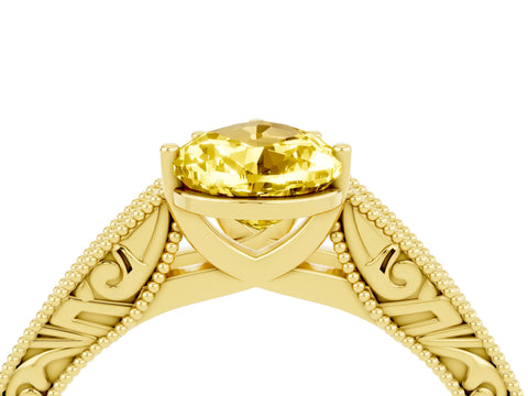 Yellow gold Pear Cut Yellow Sapphire Solitaire Ring with Engraved Band and Four-Prong Setting_4