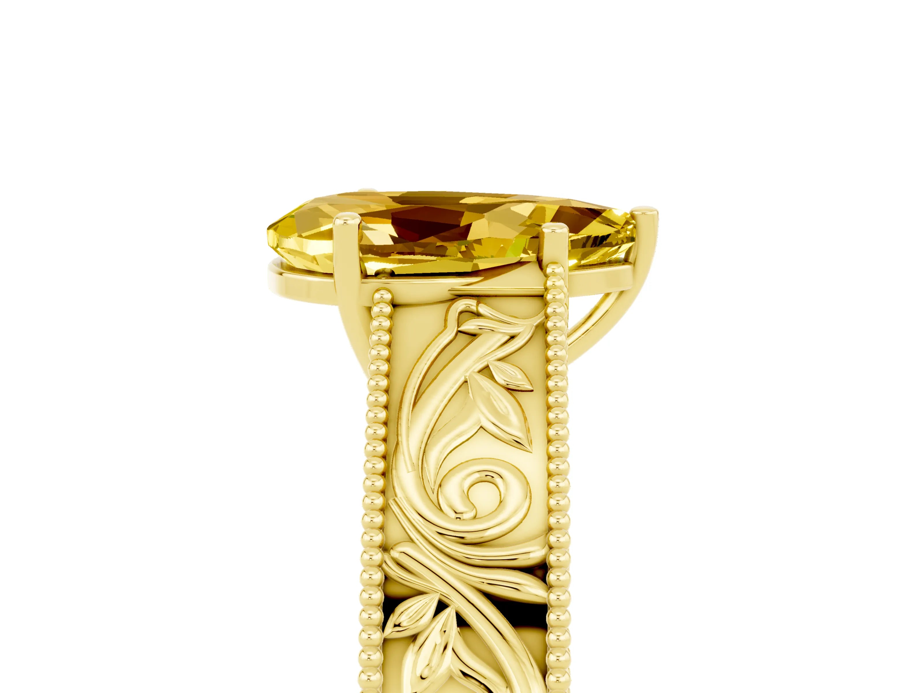 Yellow gold Pear Cut Yellow Sapphire Solitaire Ring with Engraved Band and Four-Prong Setting_5
