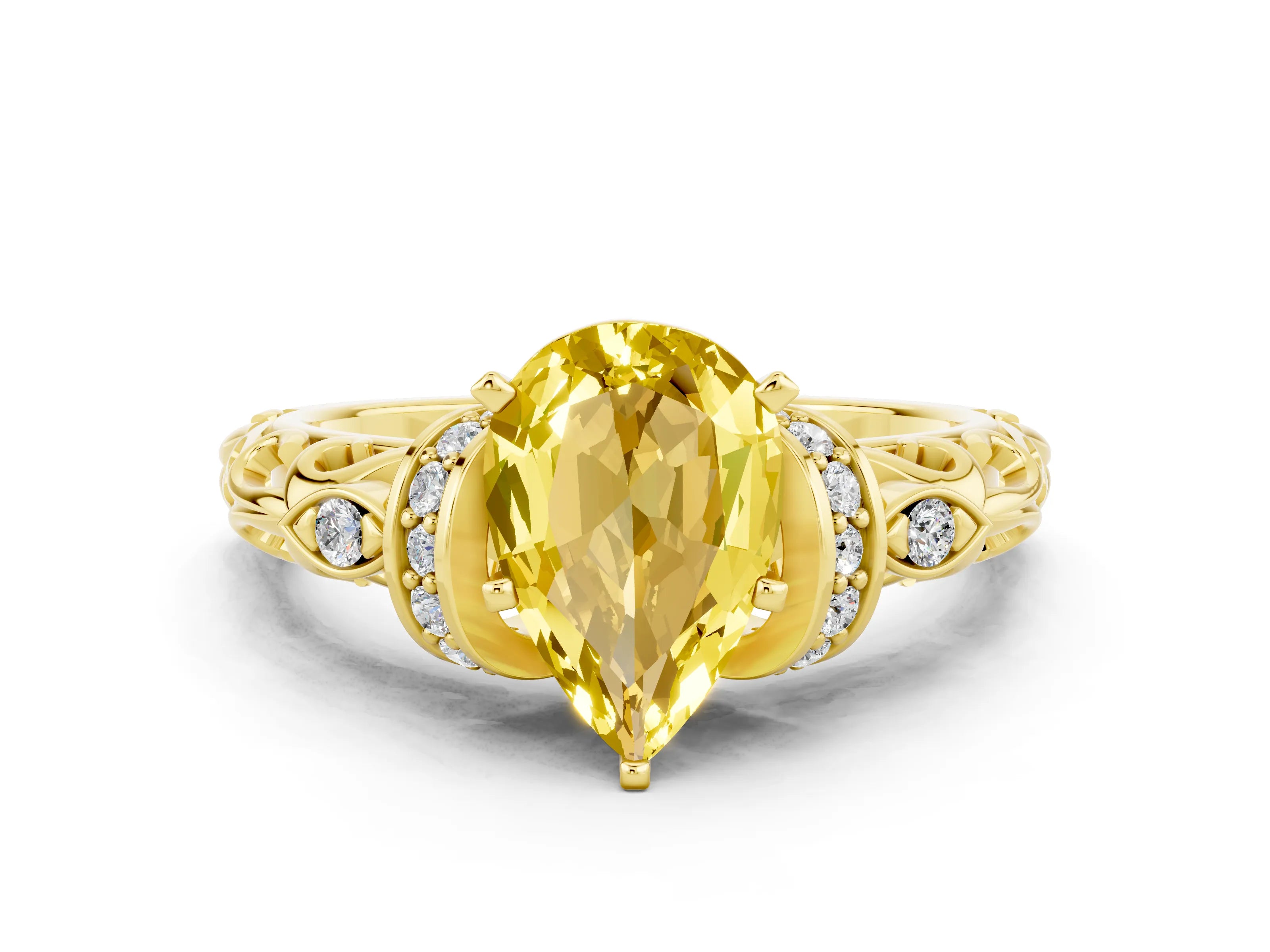 Yellow gold Pear Cut Yellow Sapphire Solitaire Ring with Filigree Band and Four-Prong Setting_48