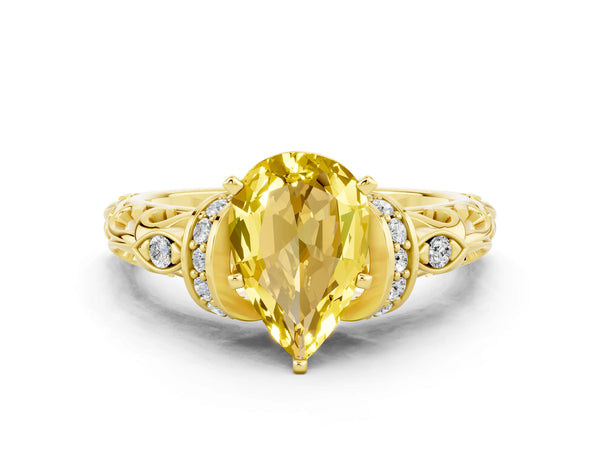 Yellow gold Pear Cut Yellow Sapphire Solitaire Ring with Filigree Band and Four-Prong Setting