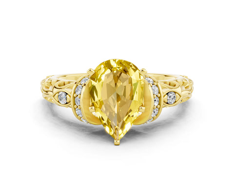 Yellow gold Pear Cut Yellow Sapphire Solitaire Ring with Filigree Band and Four-Prong Setting_48