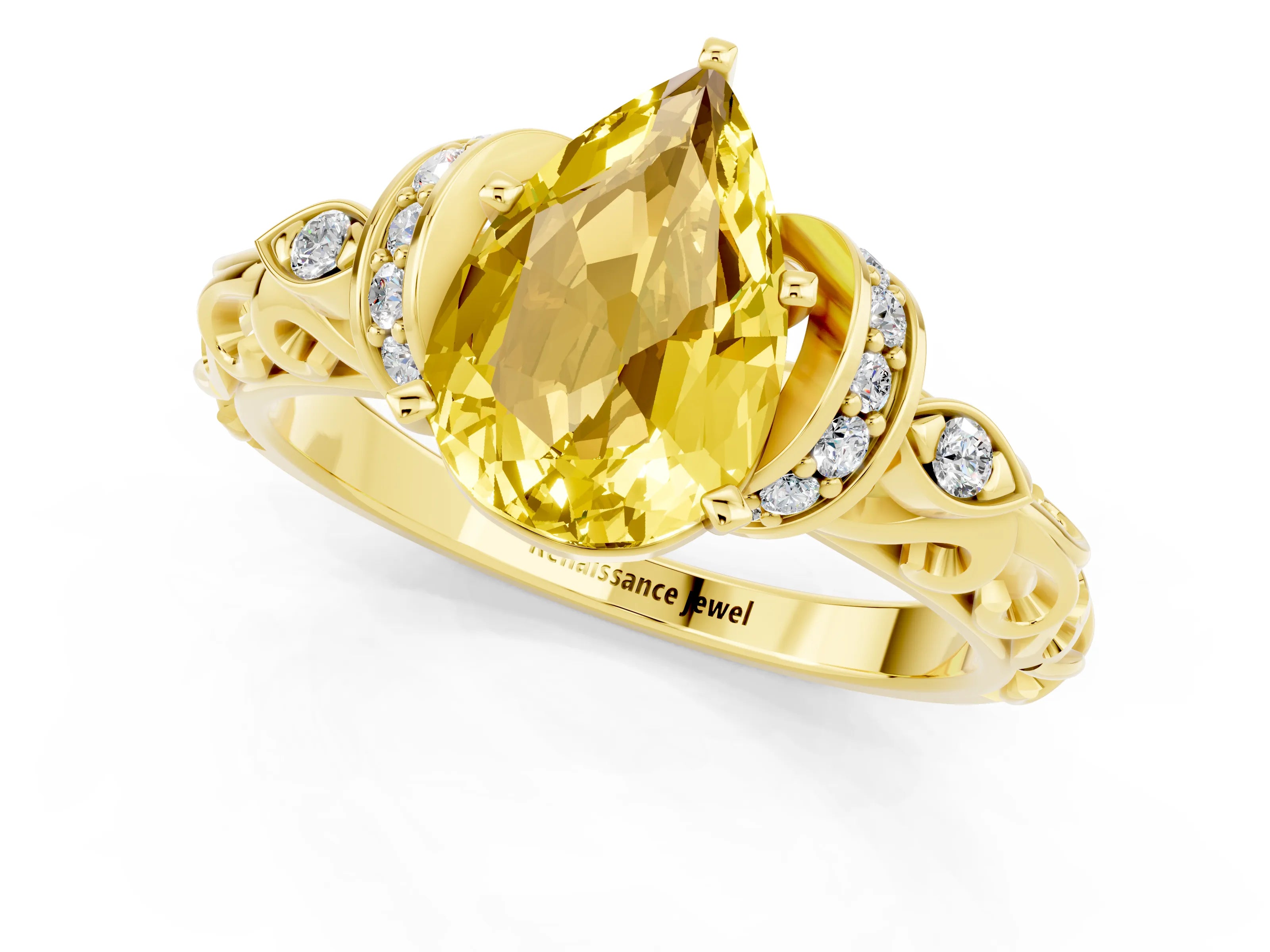 Yellow gold Pear Cut Yellow Sapphire Solitaire Ring with Filigree Band and Four-Prong Setting_49