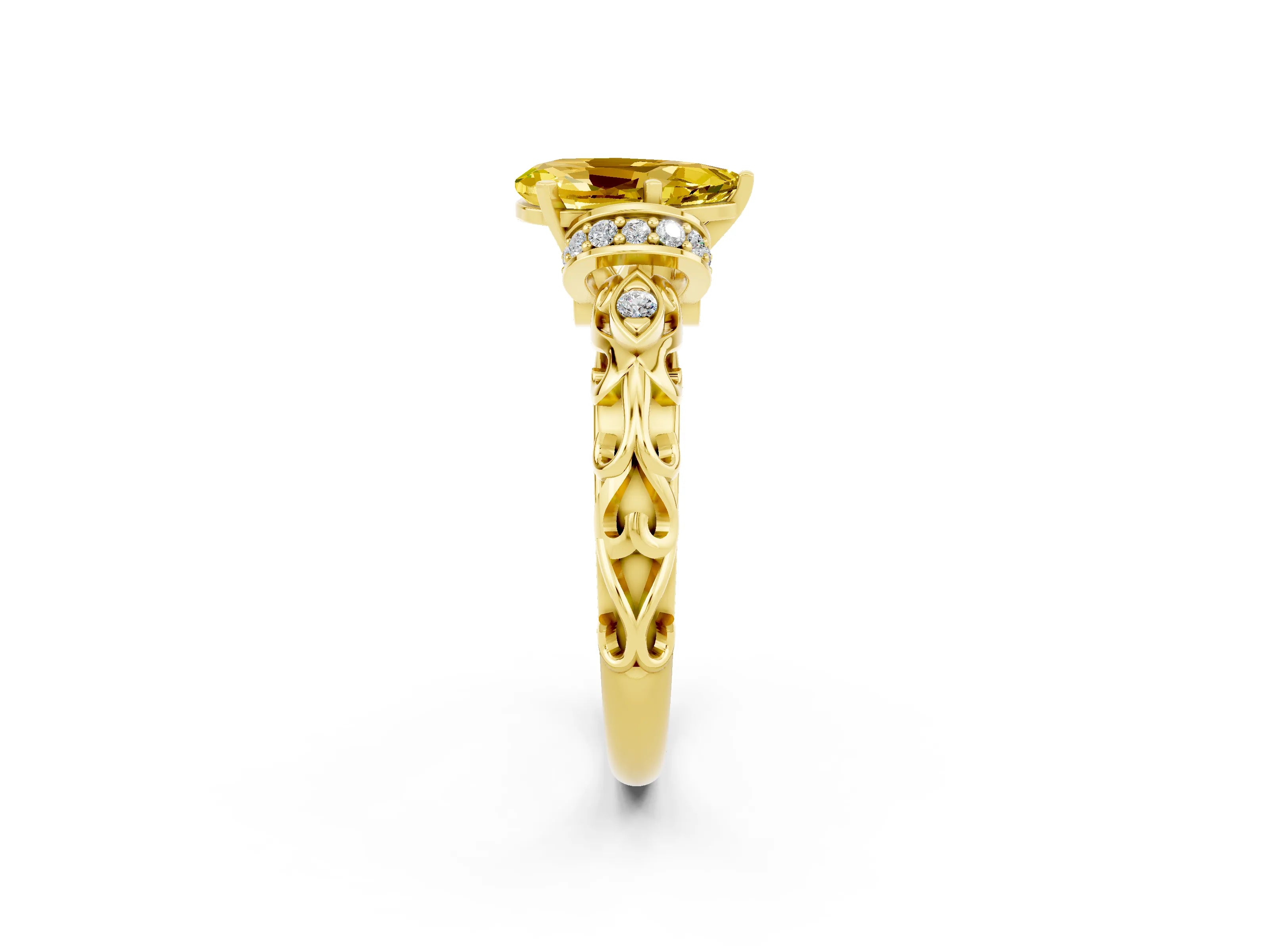 Yellow gold Pear Cut Yellow Sapphire Solitaire Ring with Filigree Band and Four-Prong Setting_50