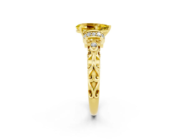 Yellow gold Pear Cut Yellow Sapphire Solitaire Ring with Filigree Band and Four-Prong Setting