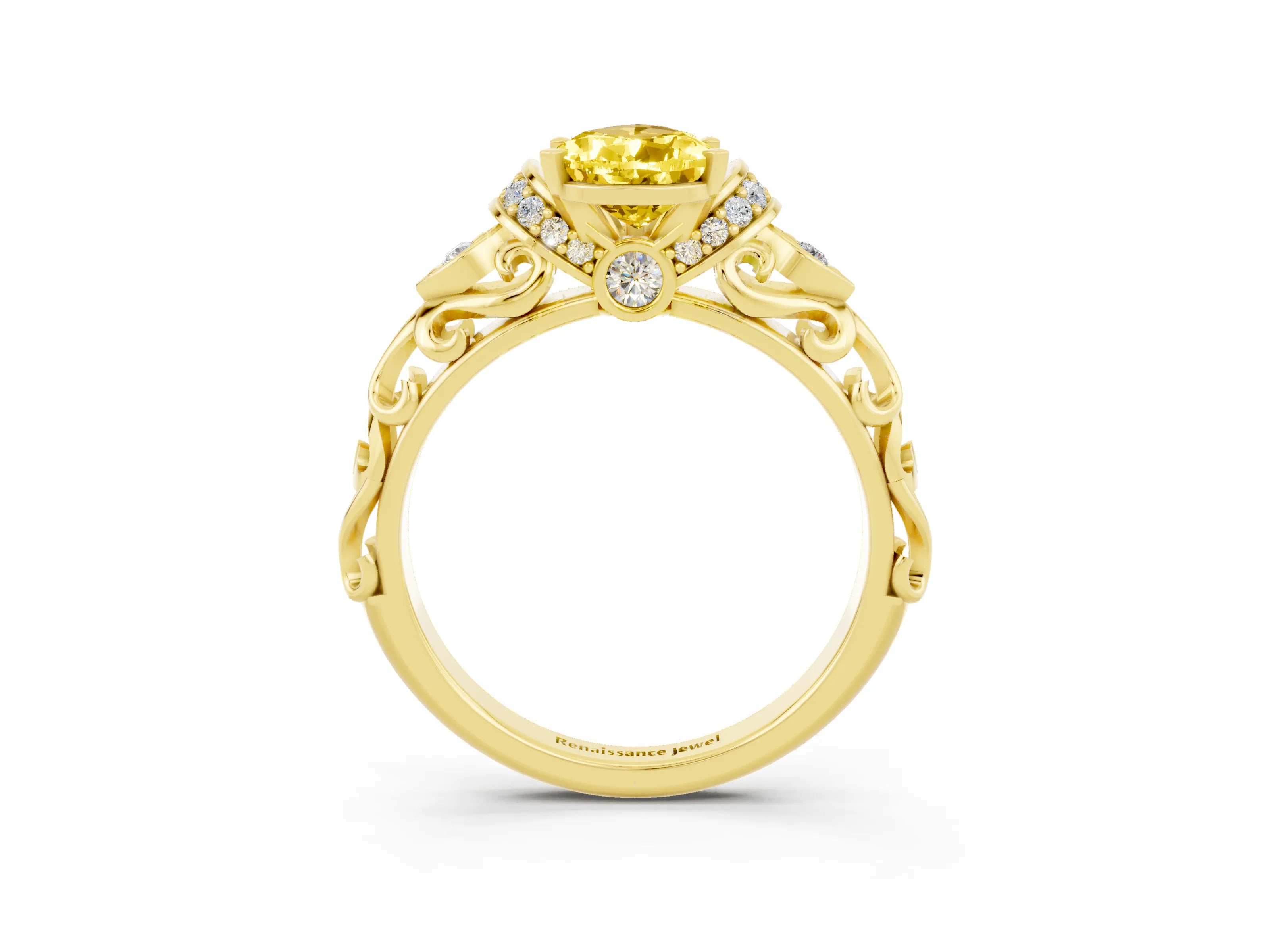 Yellow gold Pear Cut Yellow Sapphire Solitaire Ring with Filigree Band and Four-Prong Setting_51