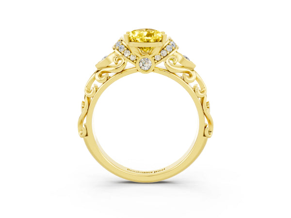 Yellow gold Pear Cut Yellow Sapphire Solitaire Ring with Filigree Band and Four-Prong Setting