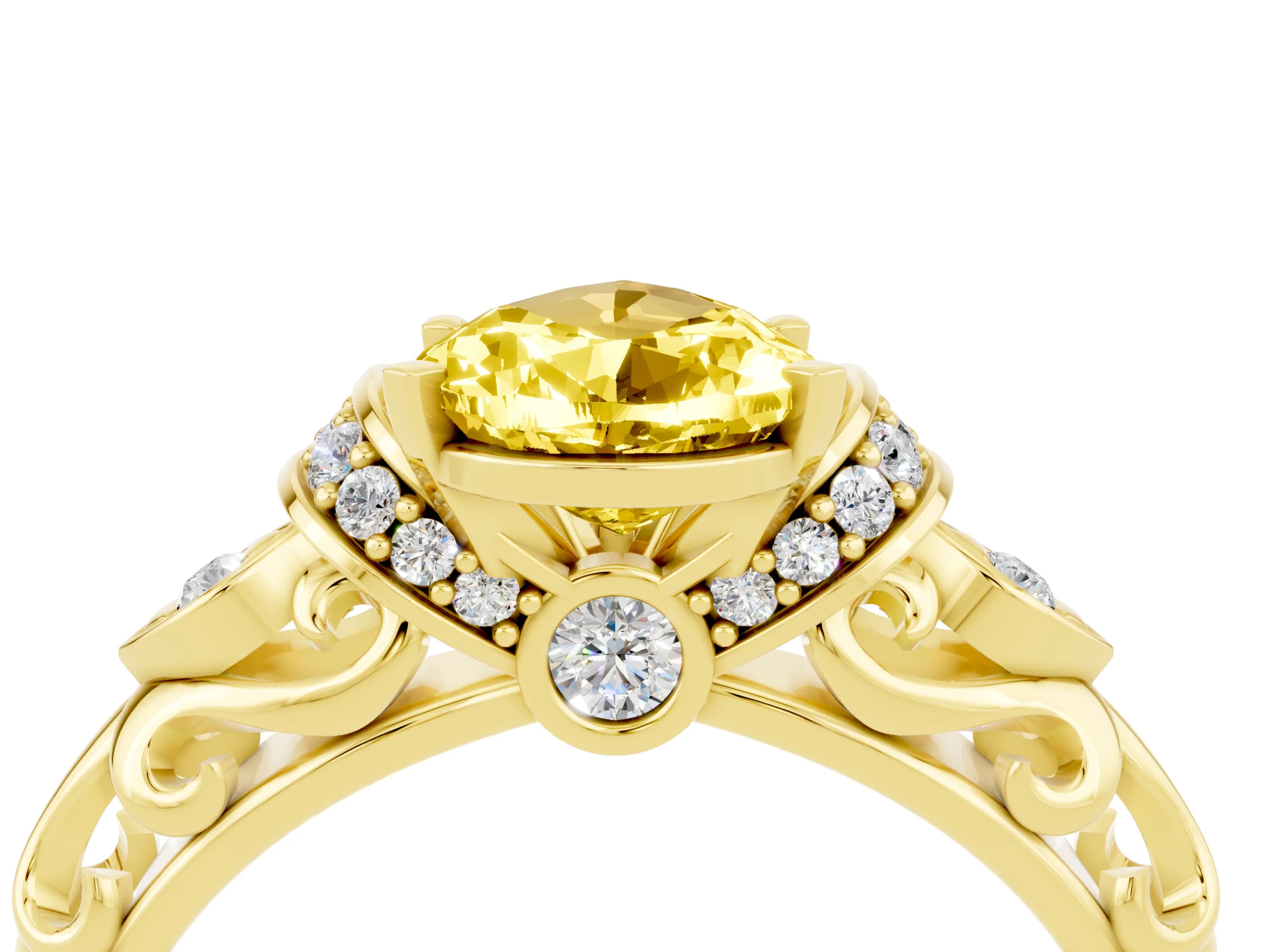 Yellow gold Pear Cut Yellow Sapphire Solitaire Ring with Filigree Band and Four-Prong Setting_52