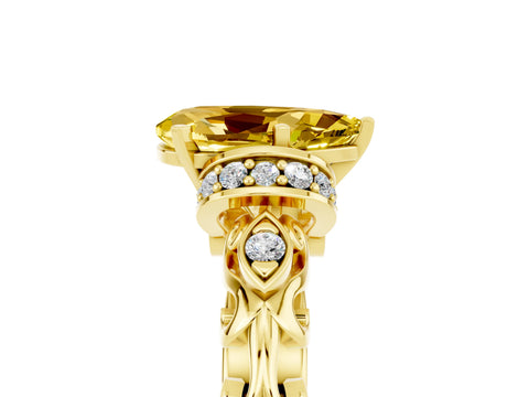 Yellow gold Pear Cut Yellow Sapphire Solitaire Ring with Filigree Band and Four-Prong Setting_53