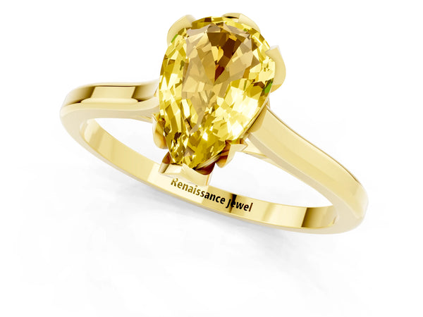 Yellow gold Pear Cut Yellow Sapphire Solitaire Ring with Flower Prong Setting and Classic Band