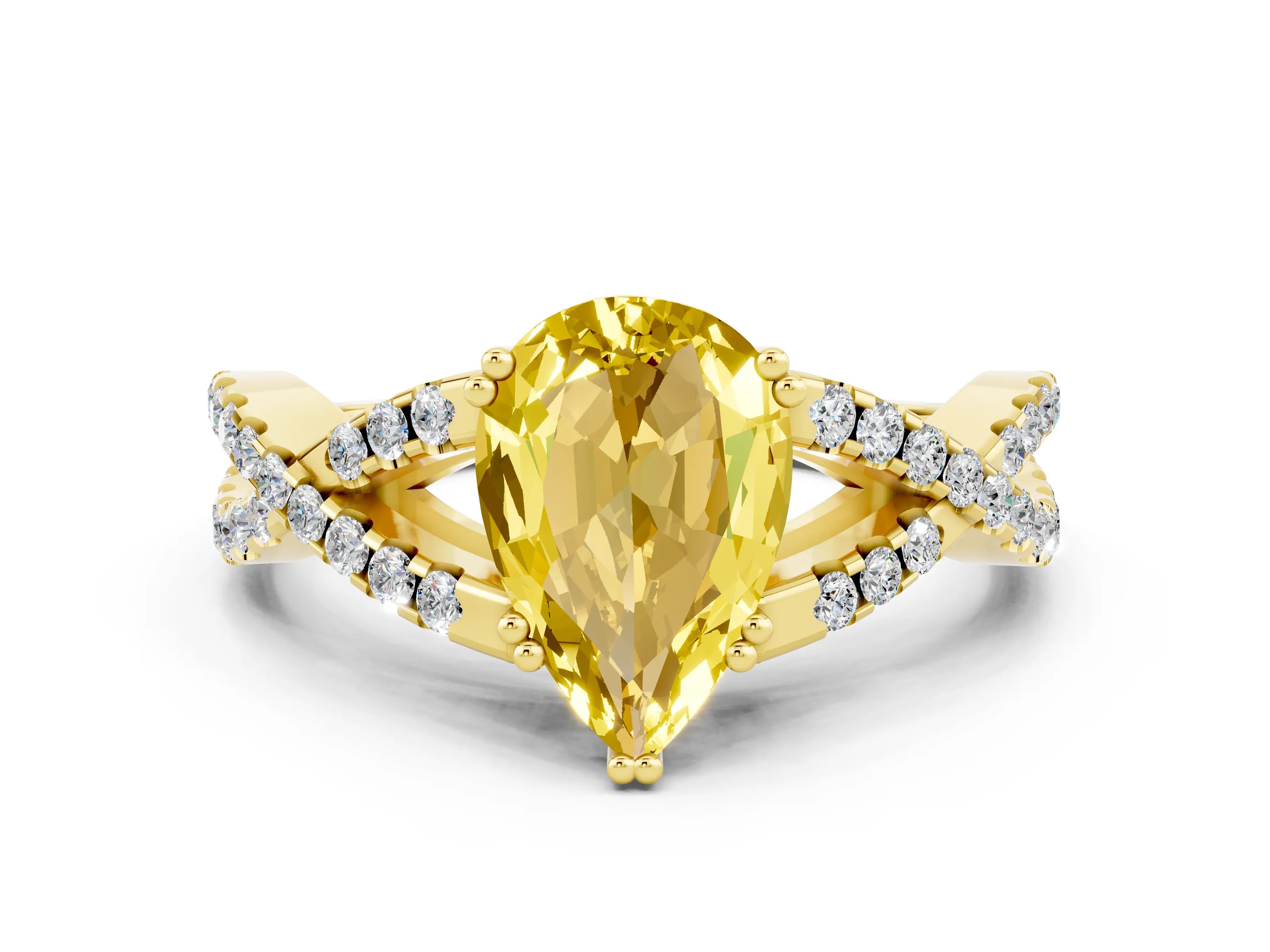 Yellow gold Pear Cut Yellow Sapphire Solitaire Ring with Four-Prong Setting and Twisted Pavé Band_12