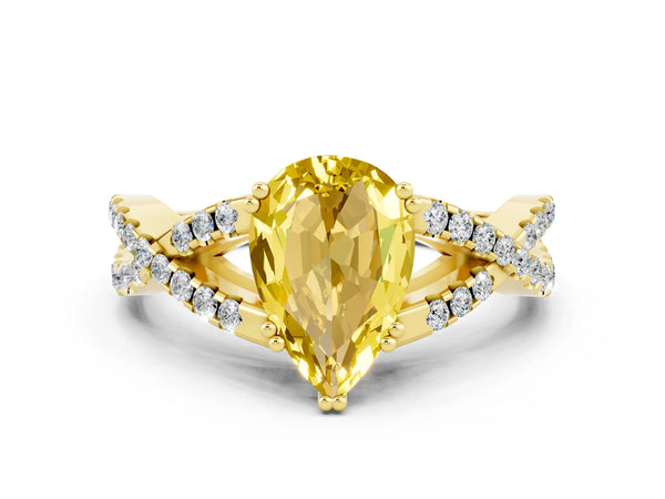 Yellow gold Pear Cut Yellow Sapphire Solitaire Ring with Four-Prong Setting and Twisted Pavé Band