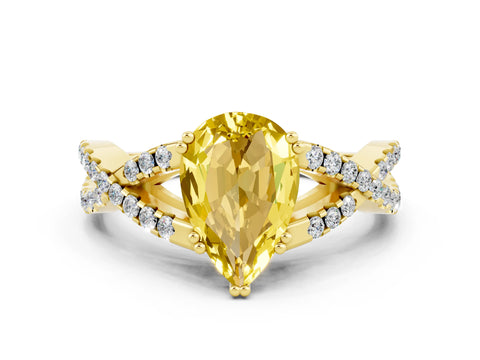 Yellow gold Pear Cut Yellow Sapphire Solitaire Ring with Four-Prong Setting and Twisted Pavé Band_12