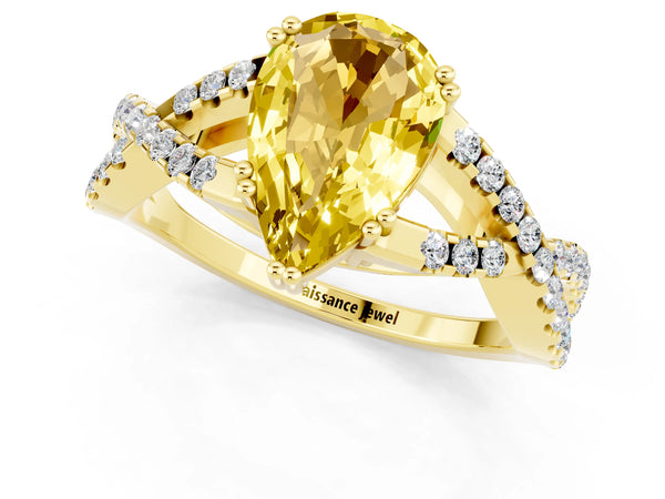 Yellow gold Pear Cut Yellow Sapphire Solitaire Ring with Four-Prong Setting and Twisted Pavé Band