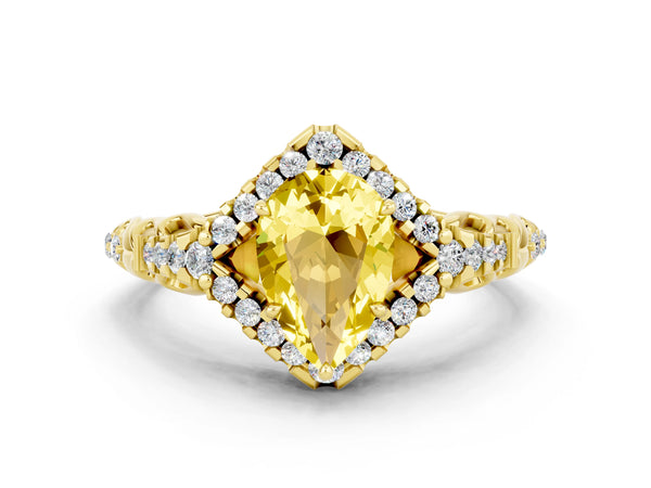 Yellow gold Pear Cut Yellow Sapphire Solitaire Ring with Hidden Halo and Pavé Band