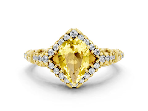 Yellow gold Pear Cut Yellow Sapphire Solitaire Ring with Hidden Halo and Pavé Band_12
