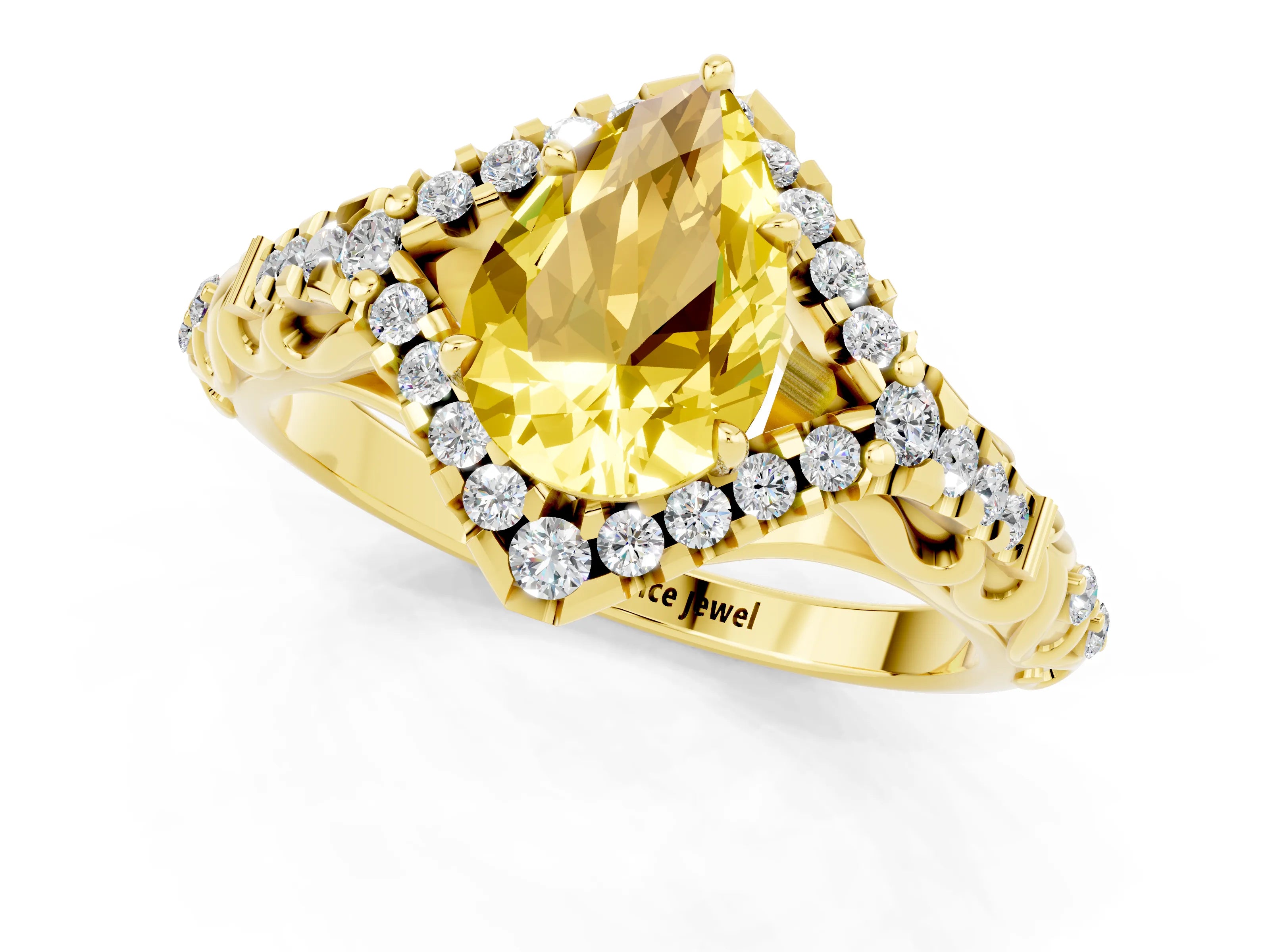 Yellow gold Pear Cut Yellow Sapphire Solitaire Ring with Hidden Halo and Pavé Band_13