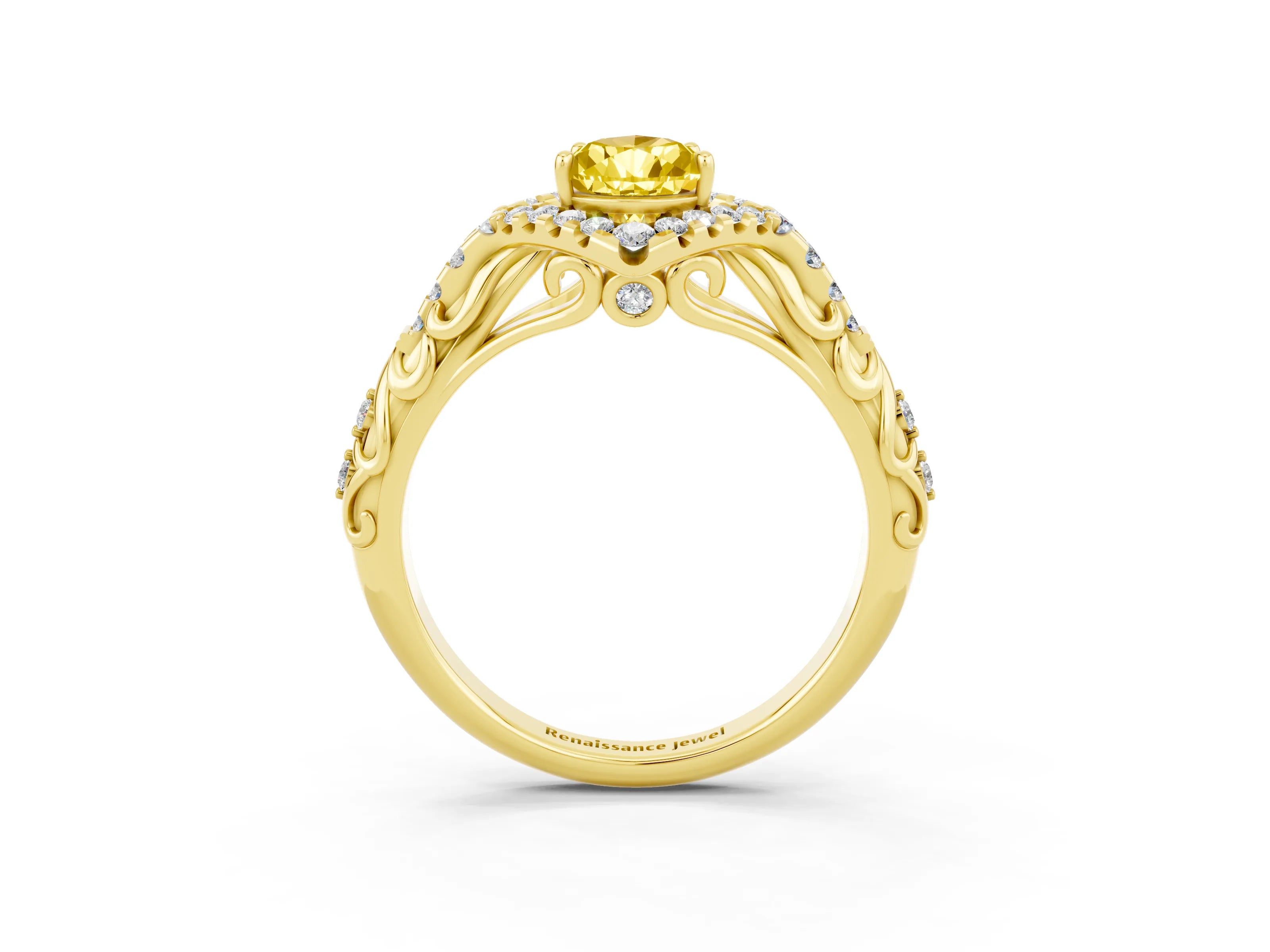 Yellow gold Pear Cut Yellow Sapphire Solitaire Ring with Hidden Halo and Pavé Band_15
