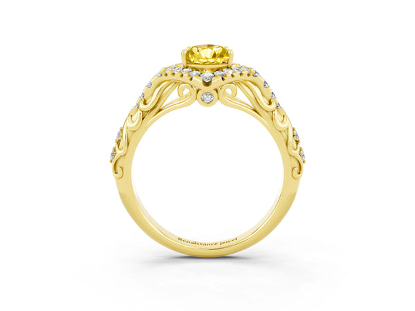 Yellow gold Pear Cut Yellow Sapphire Solitaire Ring with Hidden Halo and Pavé Band