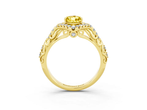 Yellow gold Pear Cut Yellow Sapphire Solitaire Ring with Hidden Halo and Pavé Band_15