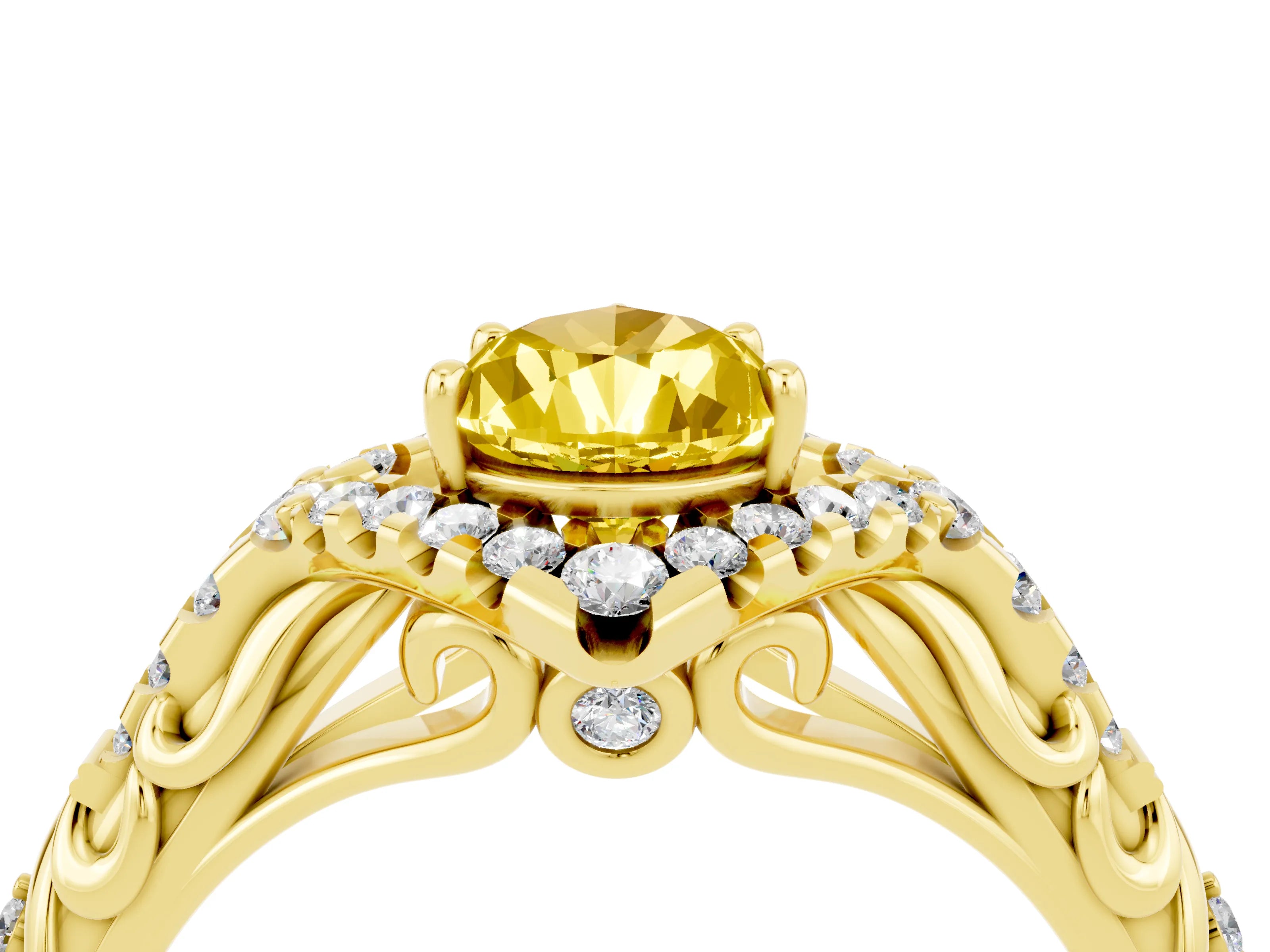 Yellow gold Pear Cut Yellow Sapphire Solitaire Ring with Hidden Halo and Pavé Band_16