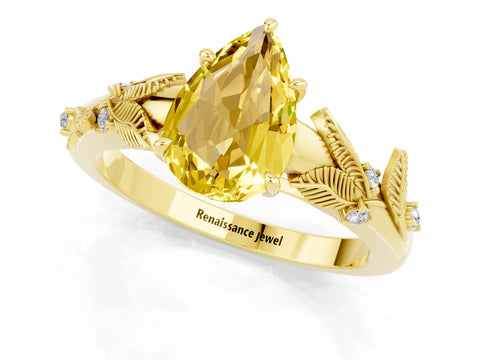 Yellow gold Pear Cut Yellow Sapphire Solitaire Ring with Leaf Motif Band and Four-Prong Setting_1