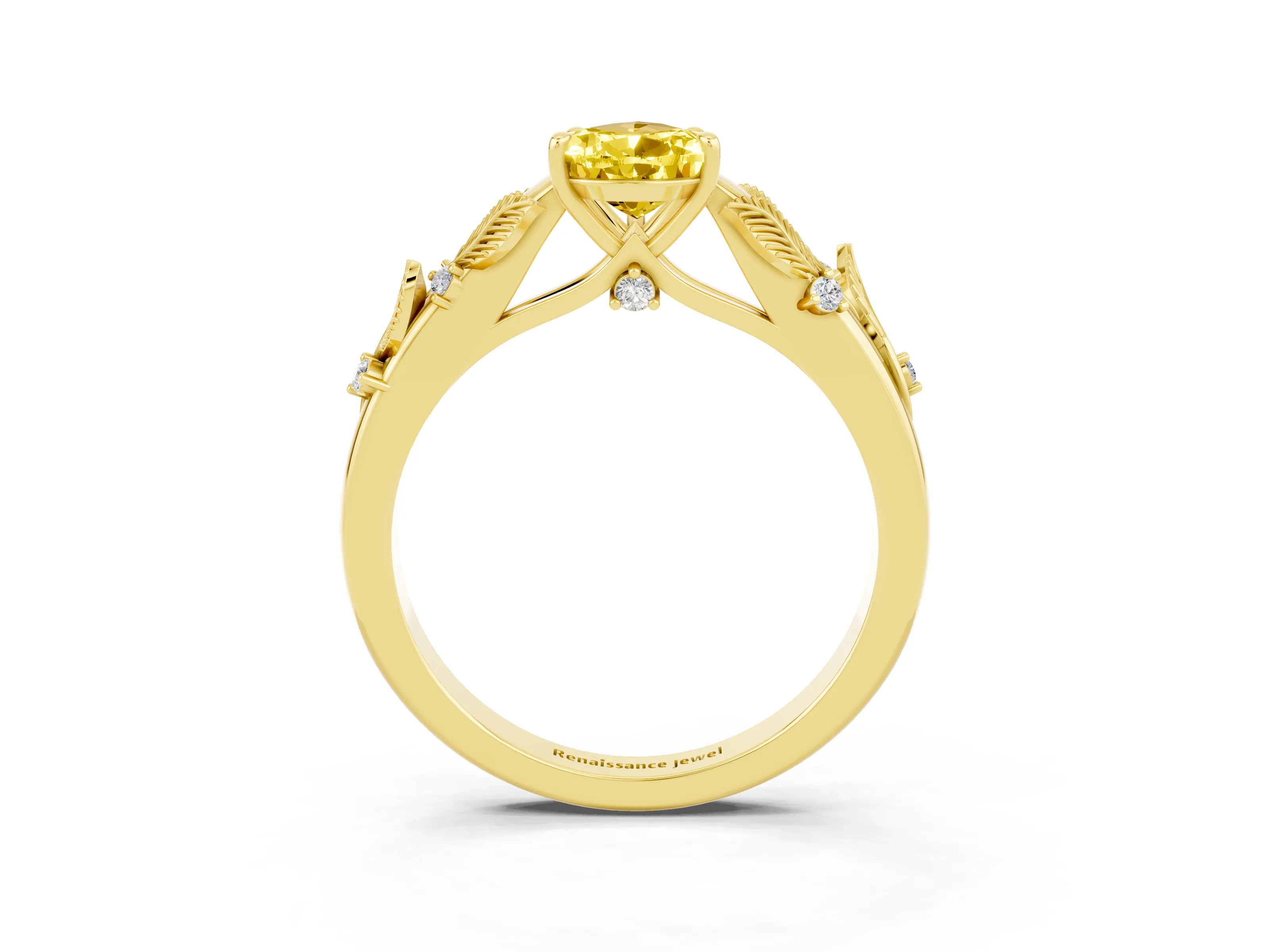 Yellow gold Pear Cut Yellow Sapphire Solitaire Ring with Leaf Motif Band and Four-Prong Setting_3