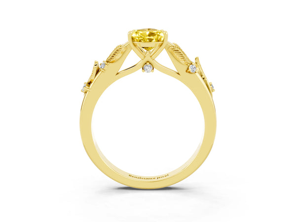 Yellow gold Pear Cut Yellow Sapphire Solitaire Ring with Leaf Motif Band and Four-Prong Setting