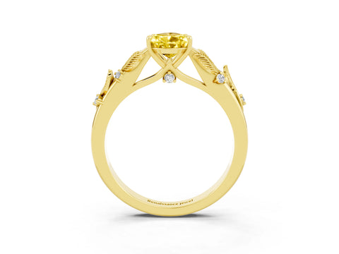 Yellow gold Pear Cut Yellow Sapphire Solitaire Ring with Leaf Motif Band and Four-Prong Setting_3