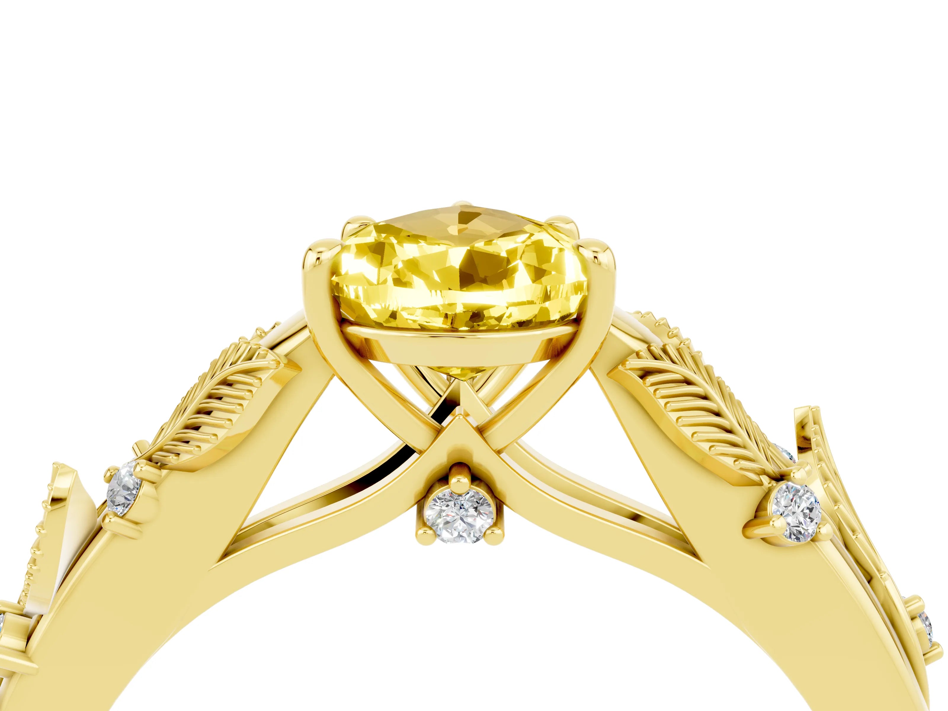 Yellow gold Pear Cut Yellow Sapphire Solitaire Ring with Leaf Motif Band and Four-Prong Setting_4