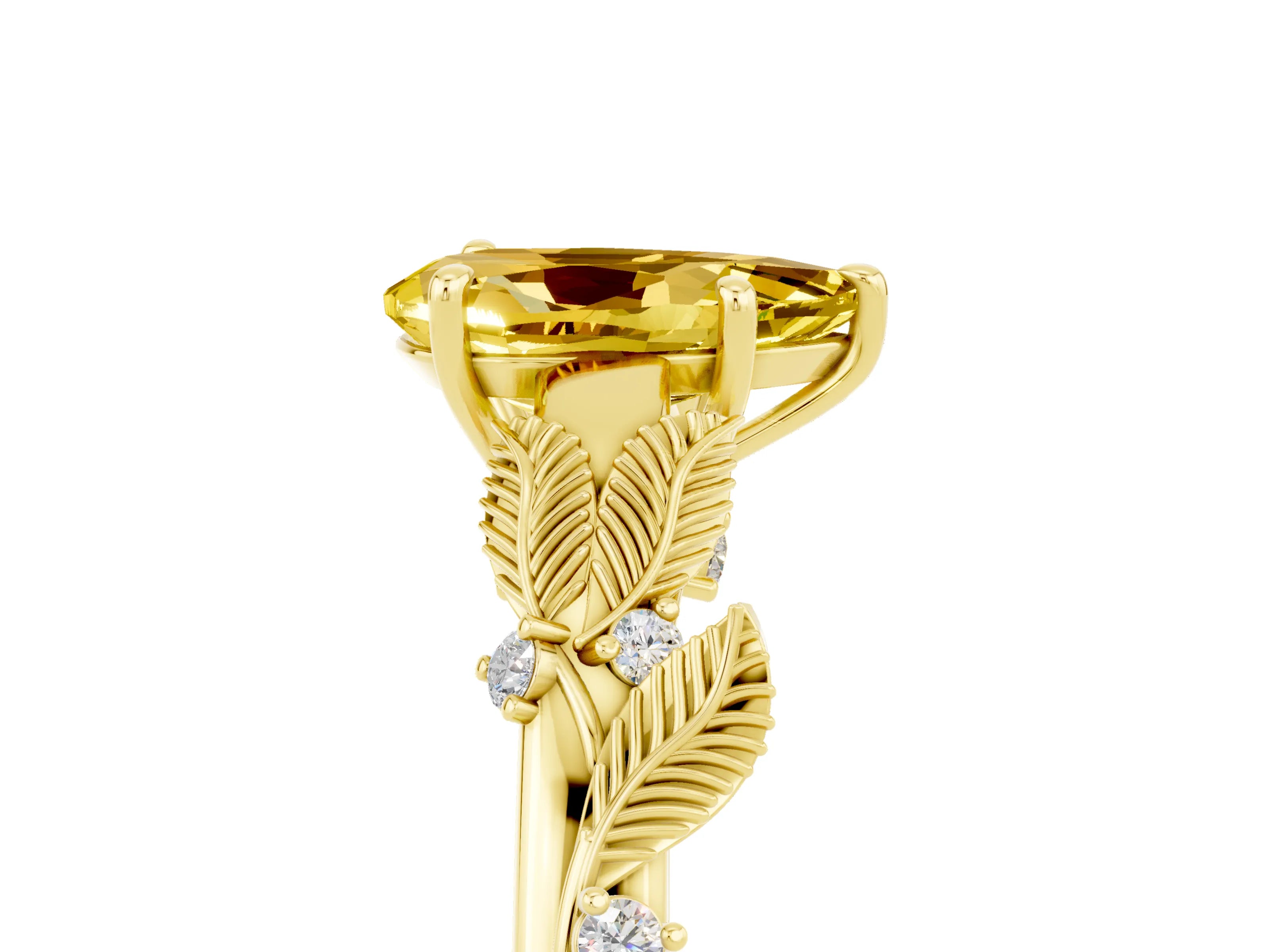 Yellow gold Pear Cut Yellow Sapphire Solitaire Ring with Leaf Motif Band and Four-Prong Setting_5
