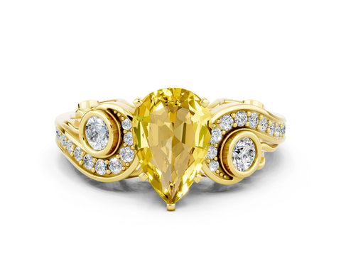 Yellow gold Pear Cut Yellow Sapphire Solitaire Ring with Milgrain Pavé Band and Four-Prong Setting_24