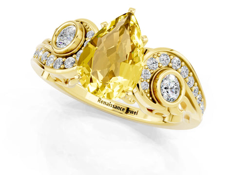 Yellow gold Pear Cut Yellow Sapphire Solitaire Ring with Milgrain Pavé Band and Four-Prong Setting_25