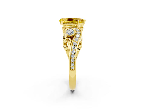Yellow gold Pear Cut Yellow Sapphire Solitaire Ring with Milgrain Pavé Band and Four-Prong Setting_26