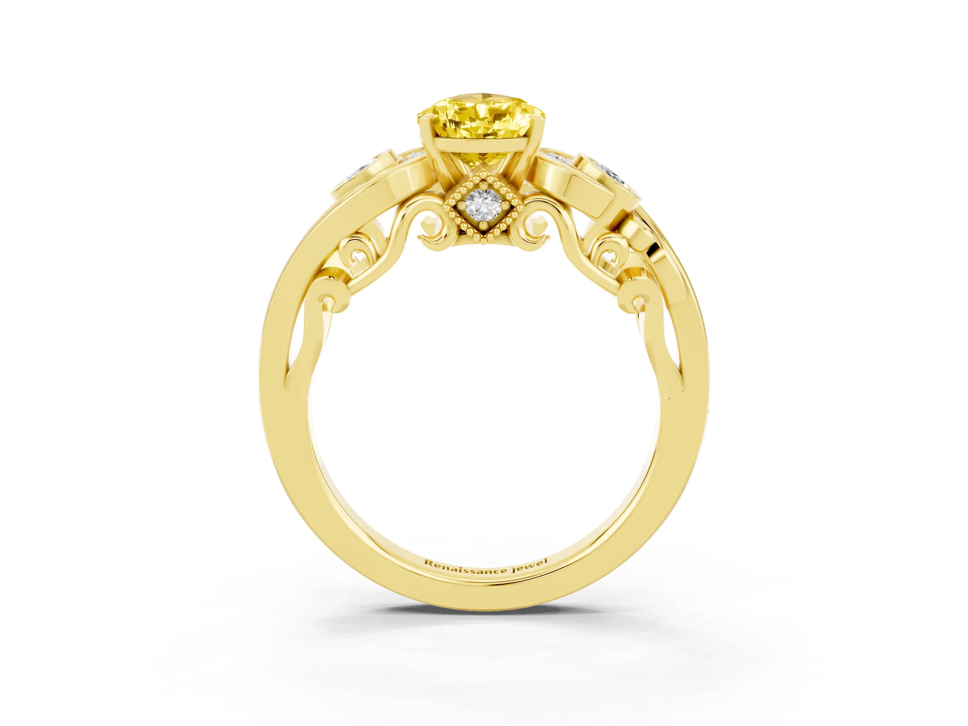 Yellow gold Pear Cut Yellow Sapphire Solitaire Ring with Milgrain Pavé Band and Four-Prong Setting_27