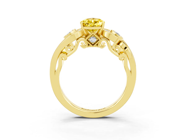 Yellow gold Pear Cut Yellow Sapphire Solitaire Ring with Milgrain Pavé Band and Four-Prong Setting
