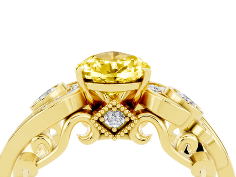 Yellow gold Pear Cut Yellow Sapphire Solitaire Ring with Milgrain Pavé Band and Four-Prong Setting_28