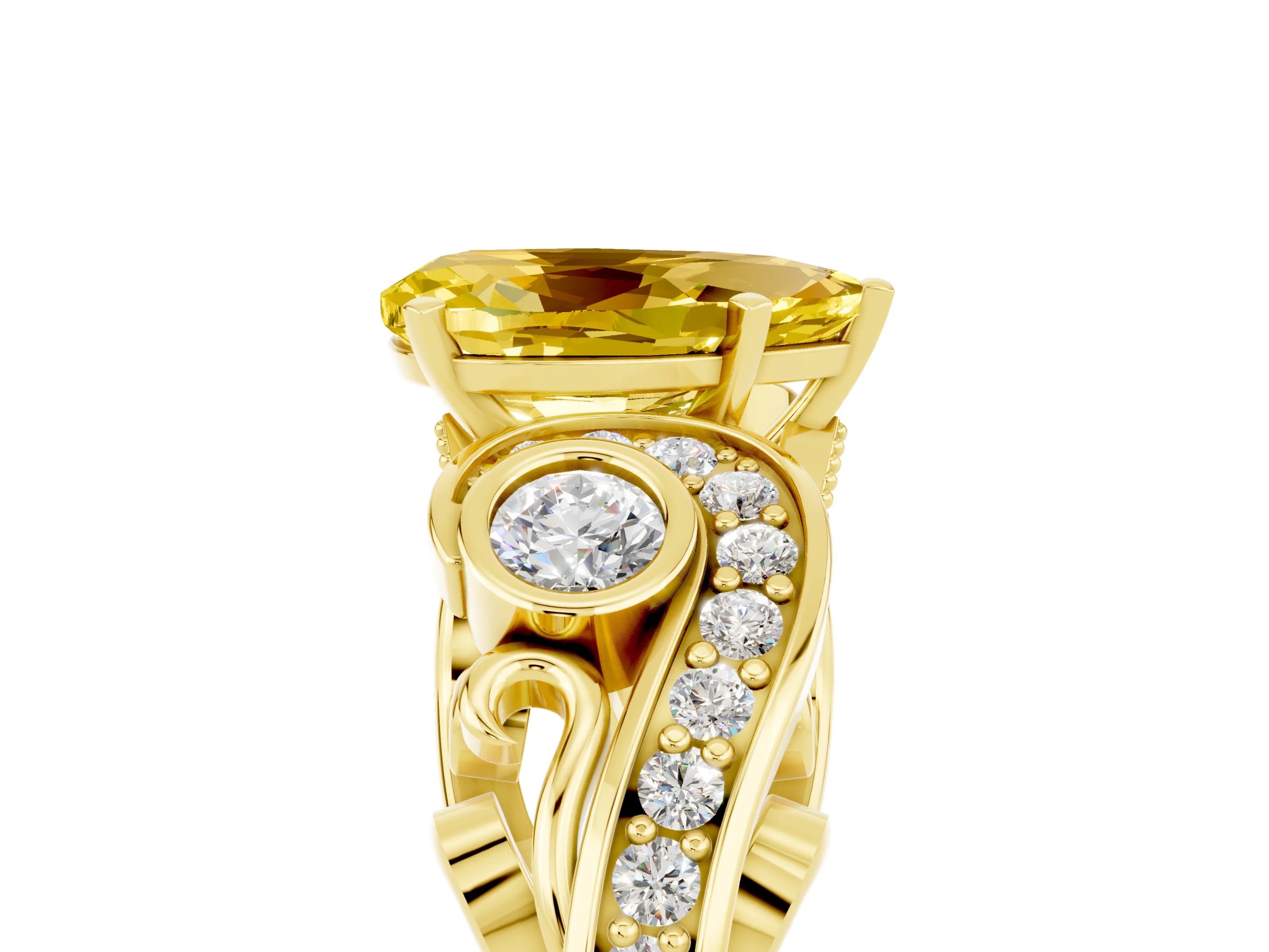 Yellow gold Pear Cut Yellow Sapphire Solitaire Ring with Milgrain Pavé Band and Four-Prong Setting_29