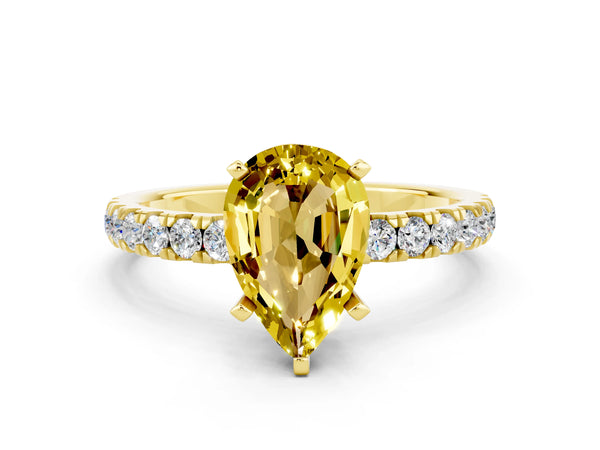 Yellow gold Pear Cut Yellow Sapphire Solitaire Ring with Pavé Accents and Four-Prong Setting