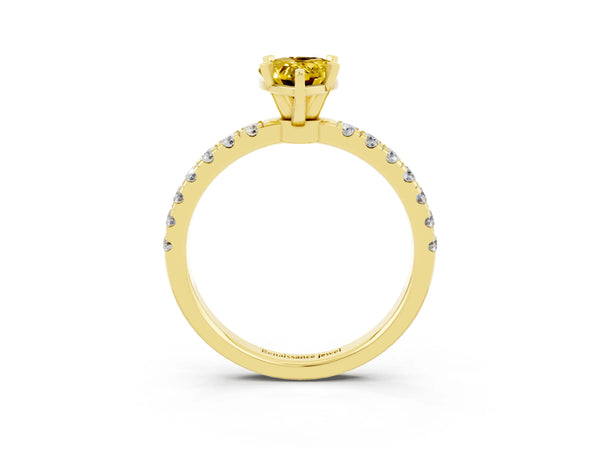 Yellow gold Pear Cut Yellow Sapphire Solitaire Ring with Pavé Accents and Four-Prong Setting