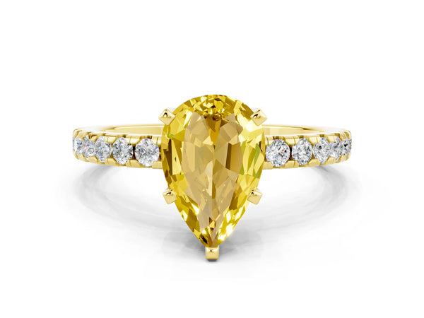 Yellow gold Pear Cut Yellow Sapphire Solitaire Ring with Round  Pavé Band and Four-Prong Setting
