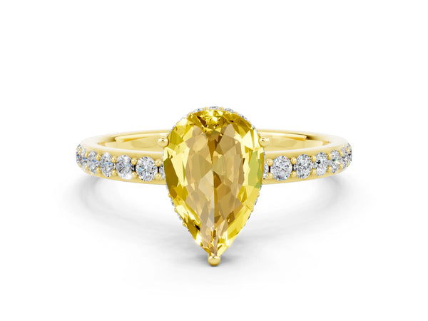 Yellow gold Pear Cut Yellow Sapphire Solitaire Ring with Pavé Band and Hidden Halo