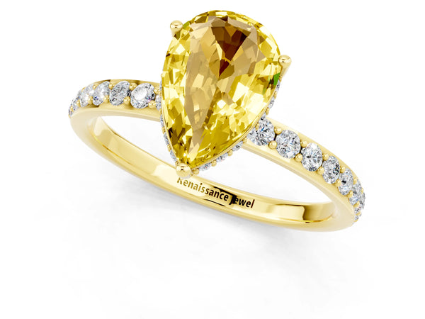 Yellow gold Pear Cut Yellow Sapphire Solitaire Ring with Pavé Band and Hidden Halo