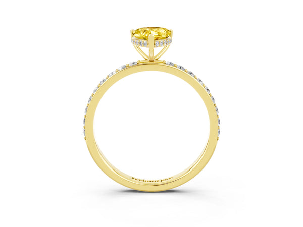 Yellow gold Pear Cut Yellow Sapphire Solitaire Ring with Pavé Band and Hidden Halo