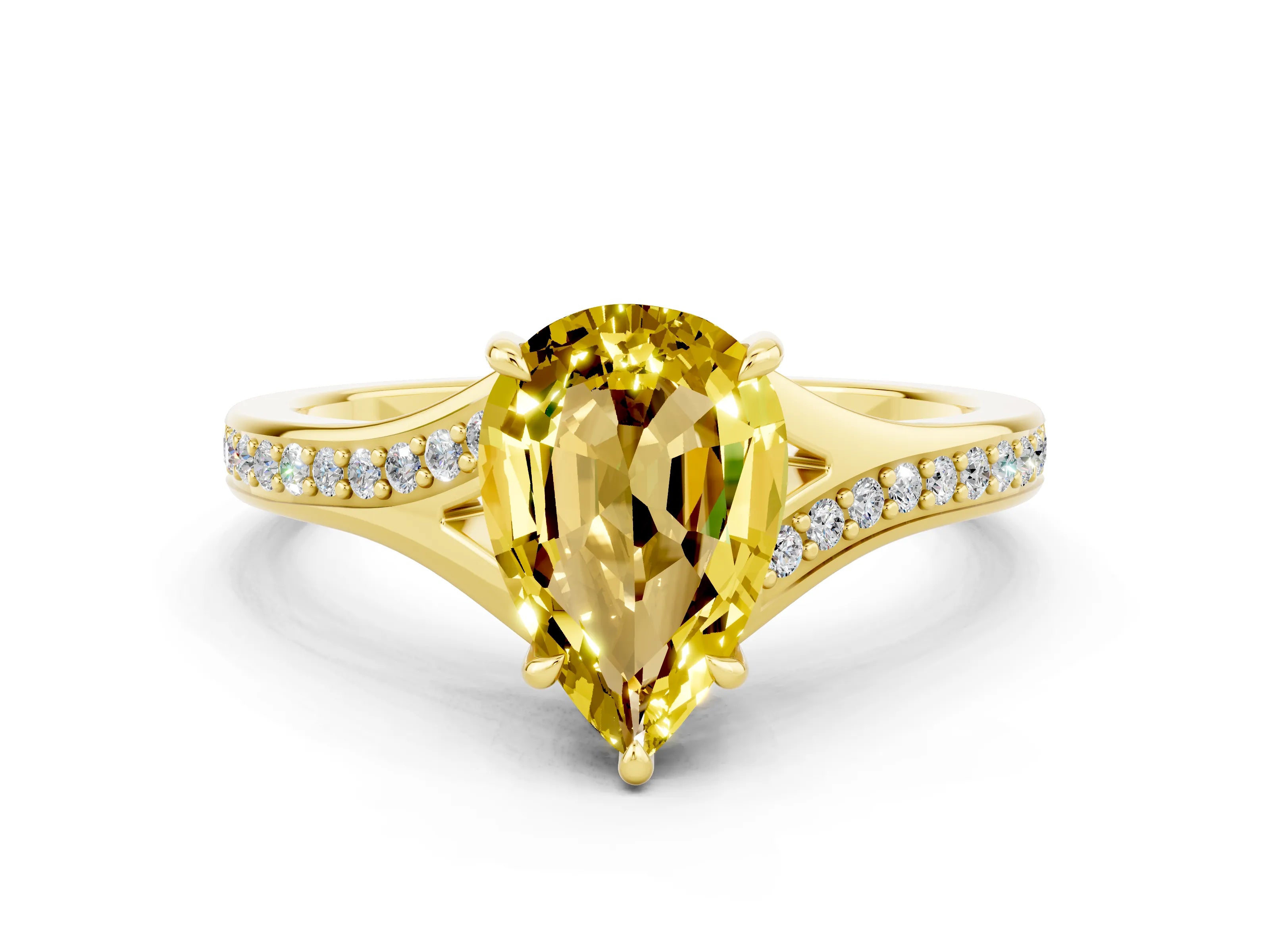 Yellow gold Pear Cut Yellow Sapphire Solitaire Ring with Pavé Band and Prong Setting