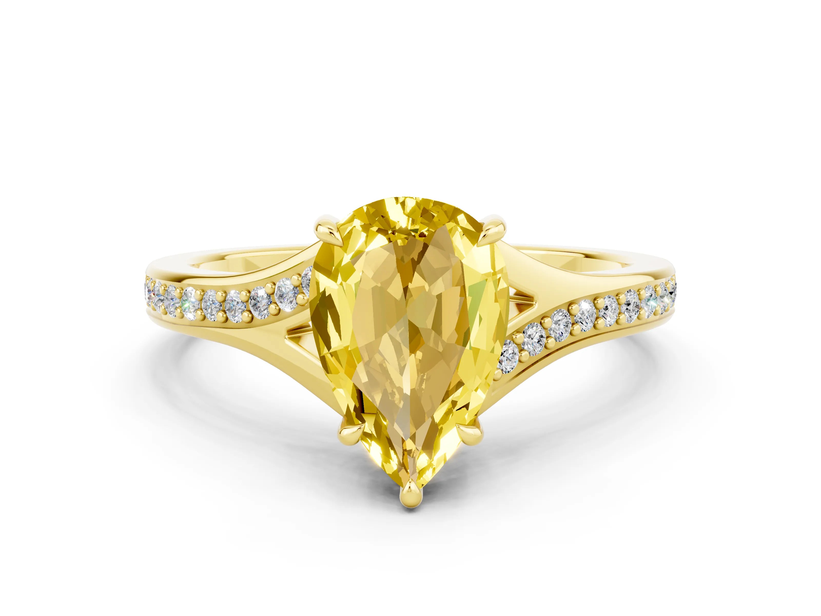 Yellow gold Pear Cut Yellow Sapphire Solitaire Ring with Pavé Band and Prong Setting_12