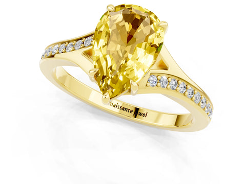 Yellow gold Pear Cut Yellow Sapphire Solitaire Ring with Pavé Band and Prong Setting_13