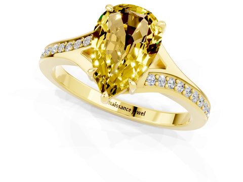 Yellow gold Pear Cut Yellow Sapphire Solitaire Ring with Pavé Band and Prong Setting_1